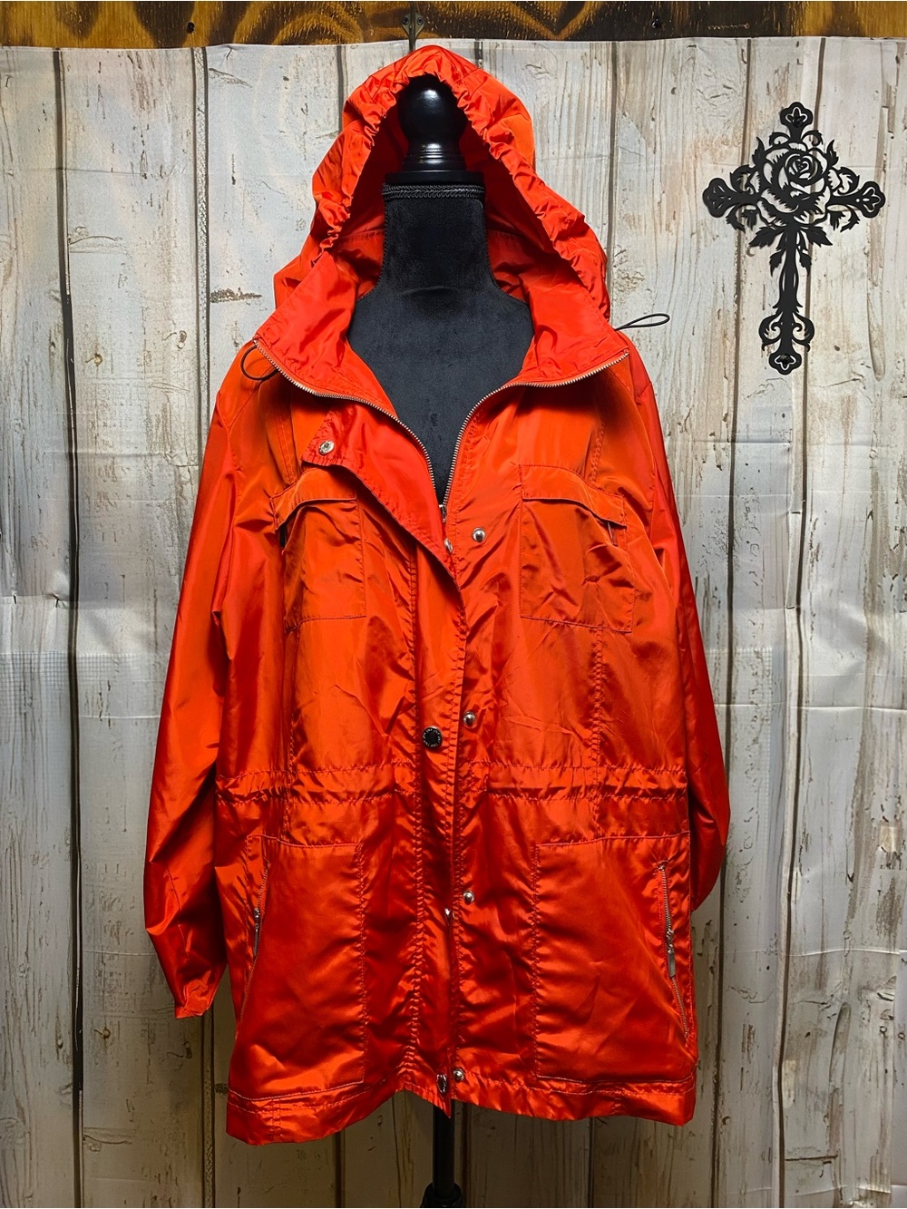 Jones New York Bright Red Hooded Rain Jacket Sz-XL